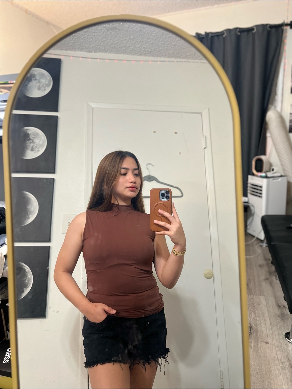 Sleek Sleeveless Mock Neck Tank Top in Brown